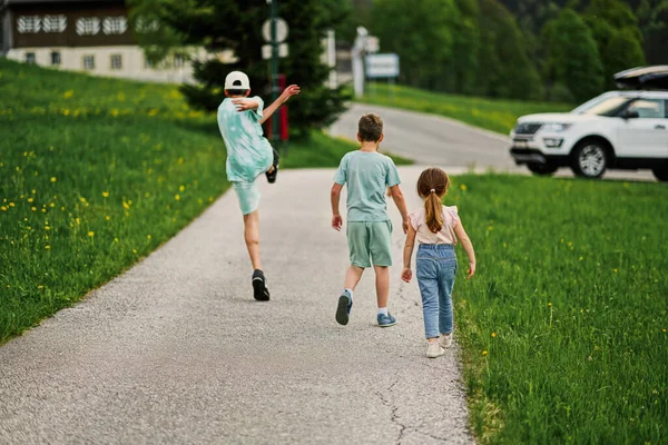 在奥地利Untertauern散步的三个孩子的后面 — 图库照片