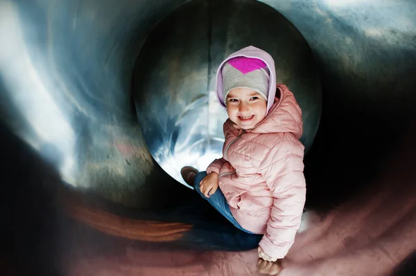 Baby Girl Ride Steel Tube Slide — Stock Photo, Image