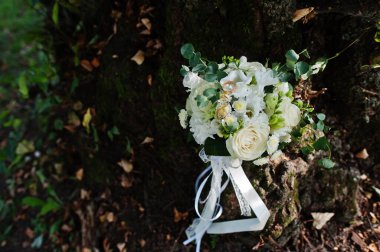 Beautiful tender wedding bouquet and rings. 