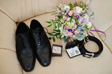 Close up of groom accessories. Wedding details. Man's style. 