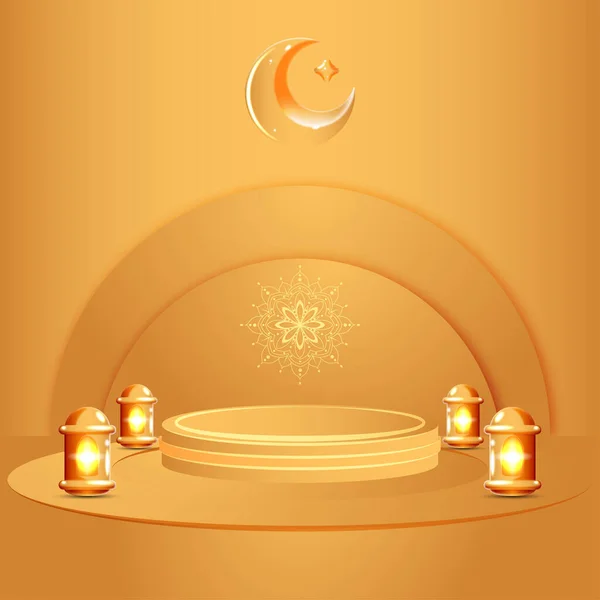 Latar Belakang Islam Dengan Podium Bulan Bintang Mandala Dan Lentera - Stok Vektor