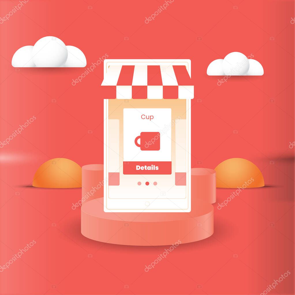 illustration of online shop on the podium in 3 dimensional style