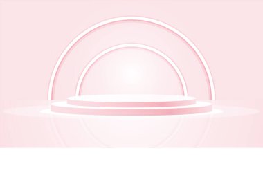 Yumuşak pembe, neon ışıkları ve yansımaları olan 3 boyutlu podyum