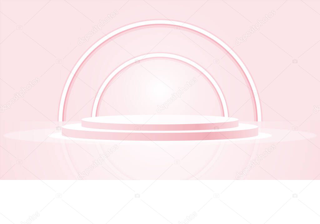 Soft pink 3 dimensional podium with neon lights and reflections