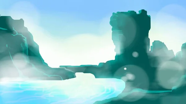 Güneşin doğuşuyla güzel yeşil manzara çizimi