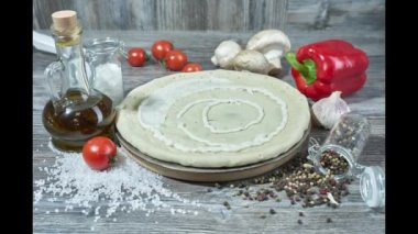 cooking delicious cheese pizza with tomatoes, chicken and mozzarella