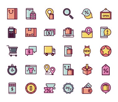 30 ikon ve ticaret seti, alışverişe hazır.