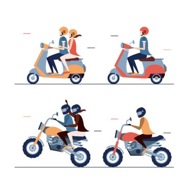 Dört elementten oluşan motosiklet sürücüsü seti, vektör çizimi, araba kullanan insanlar