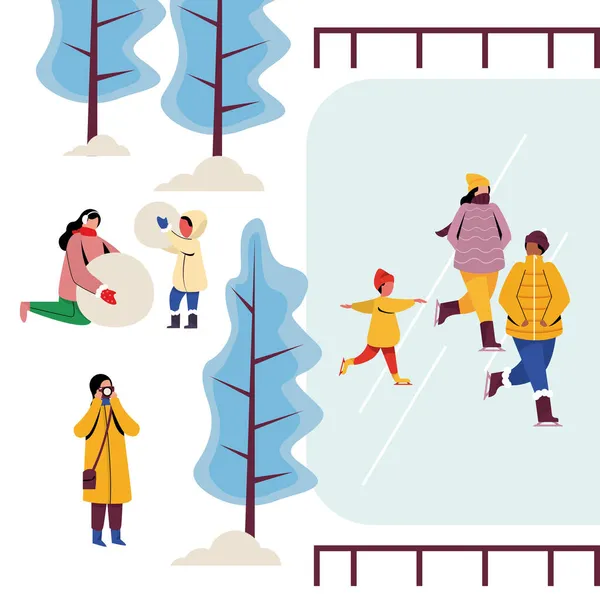 Zimní Dovolená Lidé Zábava Snowparku Rodinné Ilustrace — Stockový vektor