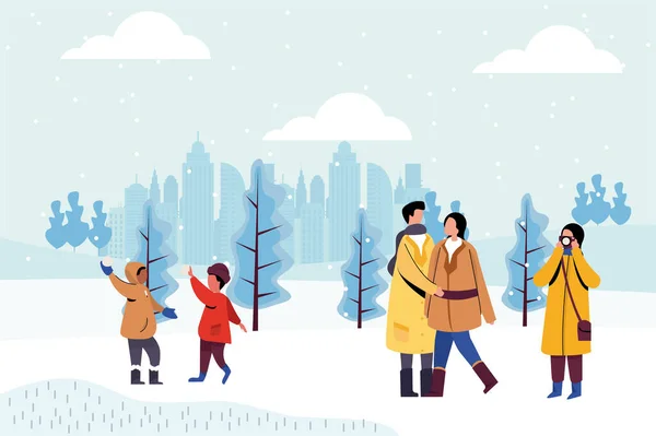 Zimní Ilustrace Dovolená Lidé Zábava Sněhu Procházky Parku — Stockový vektor