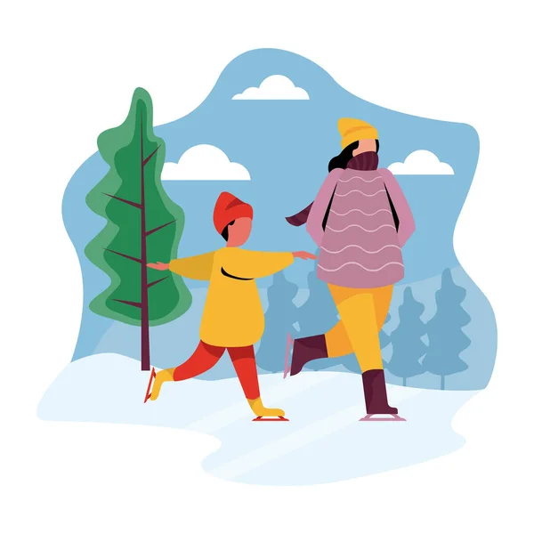 Zimní Dovolená Lidé Zábava Sněhu Rodinné Ilustrace Bruslení — Stockový vektor