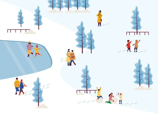 Zimní Dovolená Lidé Zábava Sněhu Procházky Parku Vánoční Sezóna Ilustrace — Stockový vektor