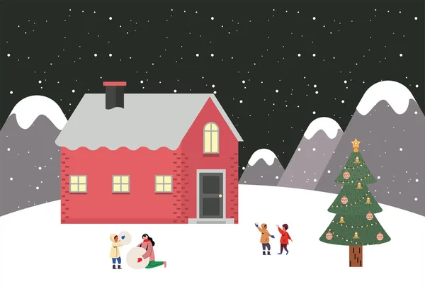 Veselé Vánoce Dovolená Ilustrační Karta Červený Dům Zimní Design — Stockový vektor