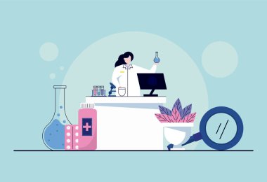 National science day vector banner, woman scientist illustration