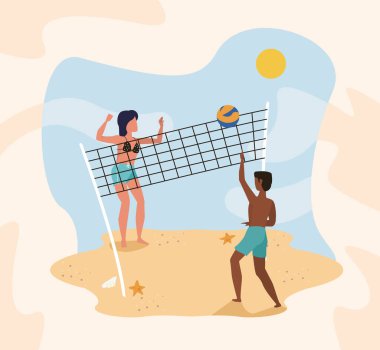 Plaj partisindekiler eğleniyor, plaj sporu yapan insanlar çiziyor.