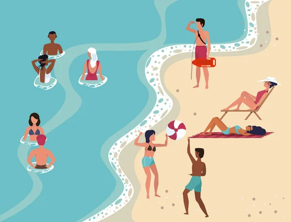 Beach Party Människor Som Har Roligt Rita Affisch Sahring Stranden — Stock vektor