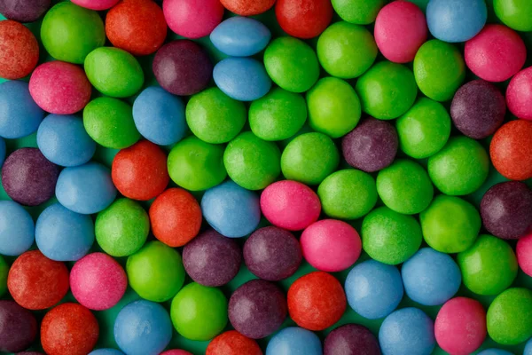 Runde Süße Dragees Verschiedenen Leuchtenden Farben Bonbons Bedecken Gleichmäßig Den — Stockfoto