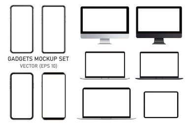 Gadgets model seti. Masaüstü bilgisayarı, dizüstü bilgisayarı, akıllı telefonu, tableti. Boş ekranlı düzenlenebilir vektör aygıtları. EPS 10.