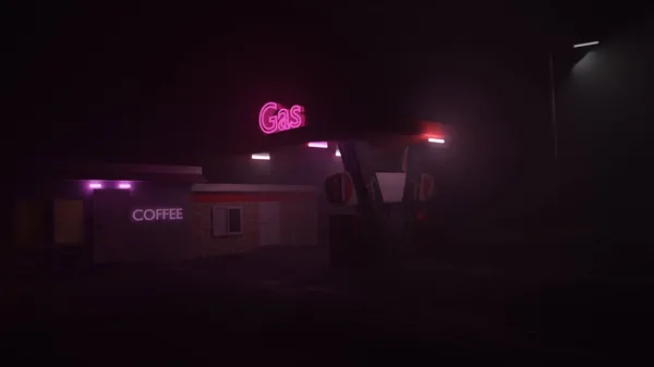 Geceleri Boş Benzin Istasyonu Neon Işıkları Görüntüleme — Stok fotoğraf