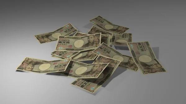 テーブルの上の請求書の束 1万円紙幣 3Dレンダリング — ストック写真