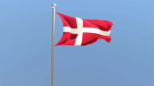 旗竿にデンマーク国旗 デンマークの国旗が風になびく 3Dレンダリング — ストック写真