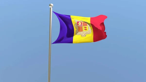 Drapeau Andorran Sur Mât Drapeau Andorran Flottant Dans Vent Rendu — Photo