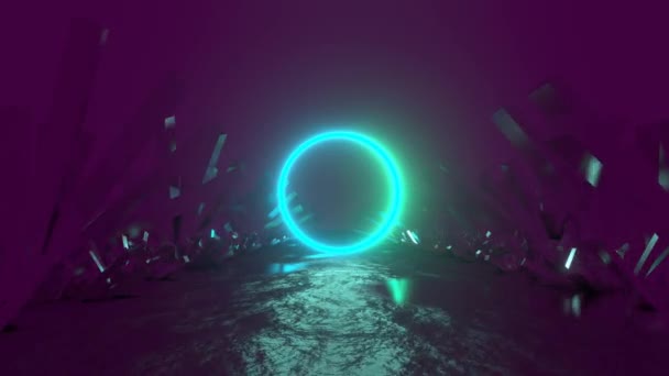 Abstrakt Neon Video Film Glödande Cirkel Bland Kristaller — Stockvideo
