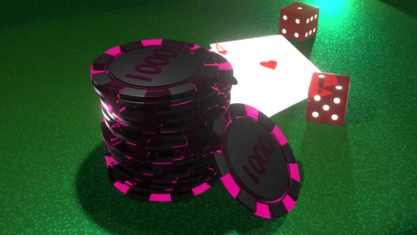 Poker Chips Playing Cards Dice Gambling Table Casino Concept — стоковое видео