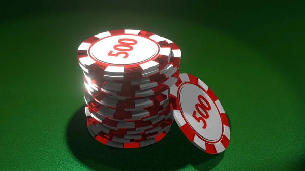 扑克筹码在赌桌上赌场的概念 3D渲染 — 图库照片