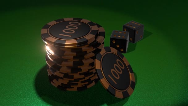 Poker Chips Dice Golden Black Colors Gambling Table Casino Concept — стоковое видео