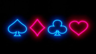 Neon card suits symbols. Casino promotion concept.