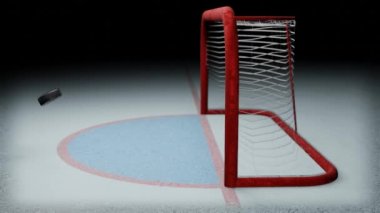 Hokey golü. Disk buz pistindeki kaleye doğru uçuyor. Bahis terfisi için uygun spor konsepti.