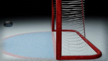 Hokey golü. Disk buz pistindeki kaleye doğru uçuyor. Bahis terfisi için uygun spor konsepti.