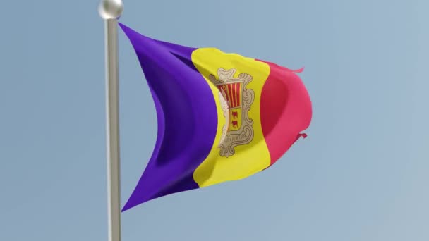 Die Andorranische Flagge Fahnenmast Andorra Flagge Flattert Wind — Stockvideo