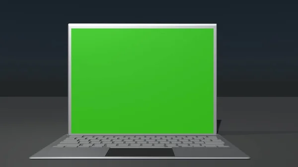 Grey laptop with green screen. Notebook with place for advertisement. Chromakey space on screen of personal computer.
