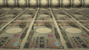 10000 Japanese Yen bills on money printing machine. Illustration of printing cash. Banknotes.