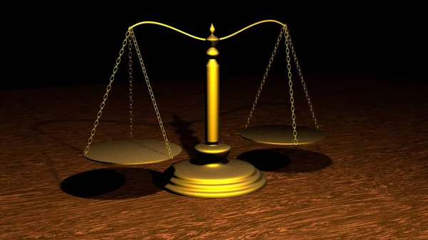 Scales of justice. Themis. Golden scales with bowls on a wooden table.