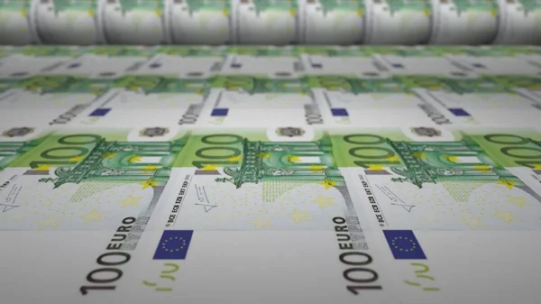 100 euro bills on money printing machine. Illustration of printing cash. Banknotes.