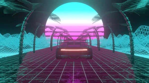 Retro-futuristic landscape with a car moving forward. Seamless 80s stylized neon background suitable for music track or album cover. Retrowave sunset.