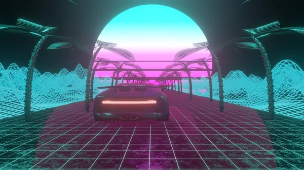Retro-futuristic landscape with a car moving forward. Seamless 80s stylized neon background suitable for music track or album cover. Retrowave sunset.