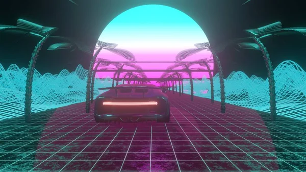 Retro Futuristic Landscape Car Moving Forward Seamless 80S Stylized Neon — Zdjęcie stockowe