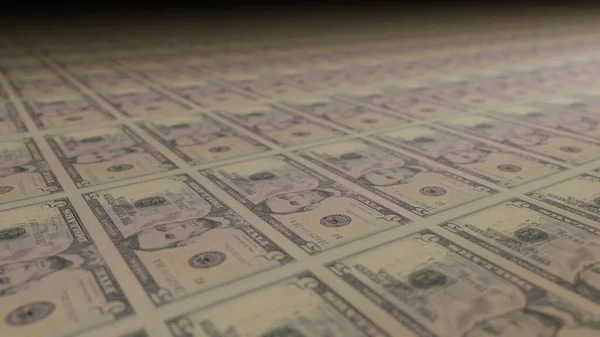 5 dollar bills on money printing machine. Printing cash. Banknotes.