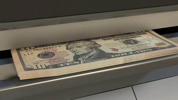 10 US dollar in cash dispenser. Withdrawal of cash from an ATM. Financial transaction in the bank terminal. USD.
