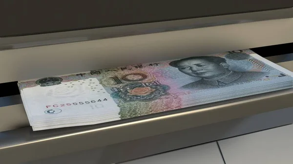 10 Chinese Yuan in cash dispenser. Withdrawal of cash from an ATM. Financial transaction in the bank terminal. CNY.