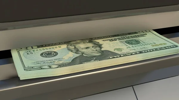 20 US dollar in cash dispenser. Withdrawal of cash from an ATM. Financial transaction in the bank terminal. USD.