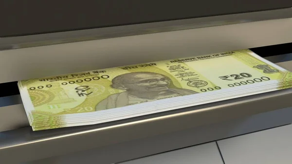 20 Indian rupees in cash dispenser. Withdrawal of cash from an ATM. Financial transaction in the bank terminal. INR.