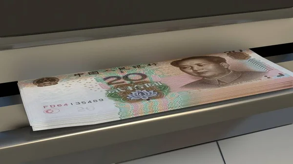 20 Chinese Yuan in cash dispenser. Withdrawal of cash from an ATM. Financial transaction in the bank terminal. CNY.
