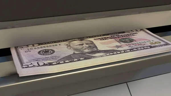 50 US dollar in cash dispenser. Withdrawal of cash from an ATM. Financial transaction in the bank terminal. USD.