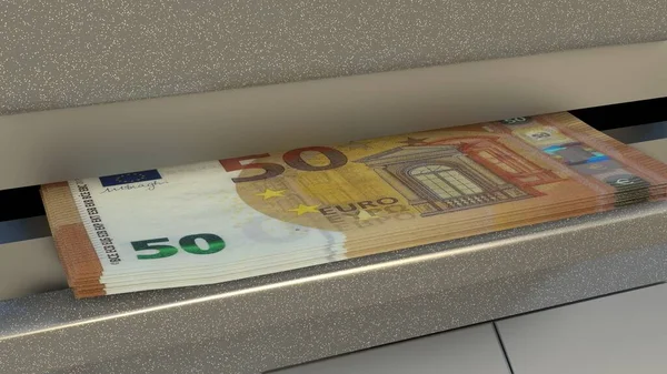 50 euro in cash dispenser. Withdrawal of cash from an ATM. Financial transaction in the bank terminal. EUR.