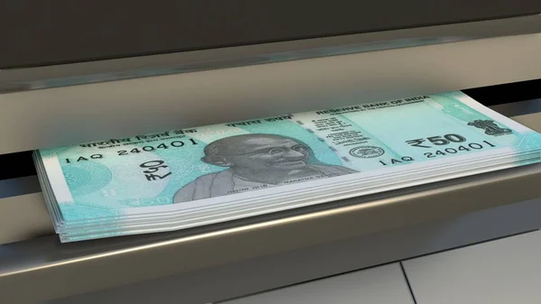 50 Indian rupees in cash dispenser. Withdrawal of cash from an ATM. Financial transaction in the bank terminal. INR.